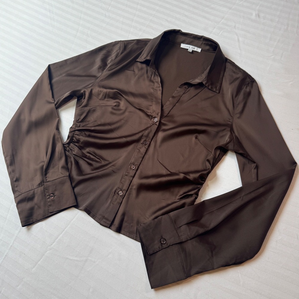 Chocolate Brown Satin Ruched Button Down Blouse Long Sleeve L